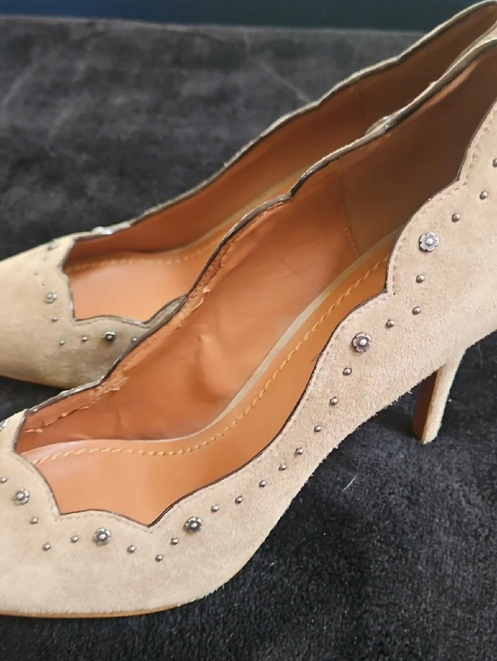 Coach Scalloped Suede Pointed-Toe Pumps in Beige with Stud Accents - Picture 5 of 5